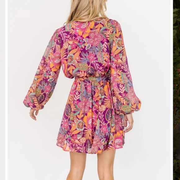 Baltic Born Boho Colorful Floral Newark Long Sleeve V-neck Mini Dress Size Small - Picture 9 of 9